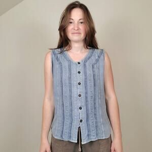Vintage 90s Chambray Embroidered Button Up Tank Blue XL